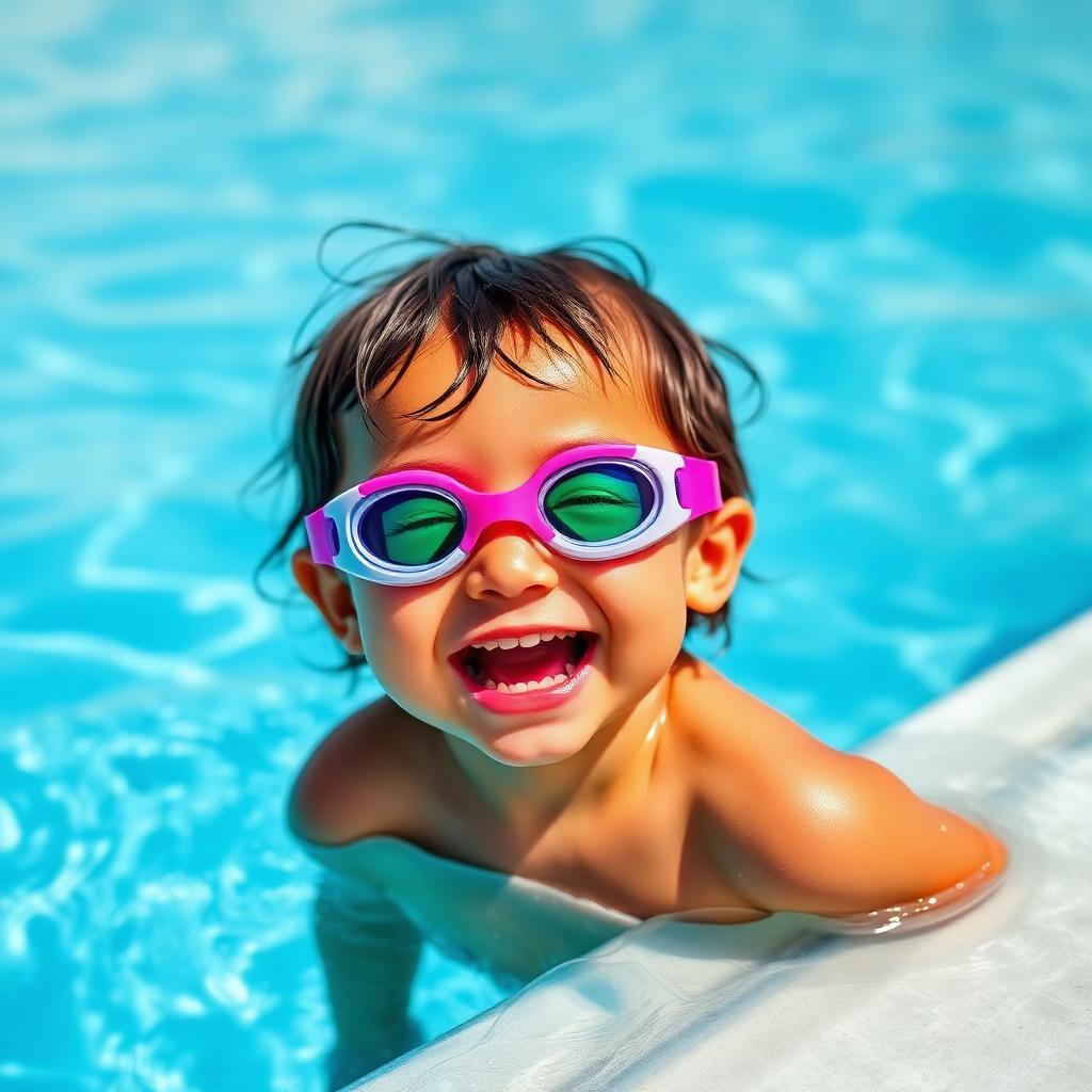 Toddler with pink goggles laughing in the pool