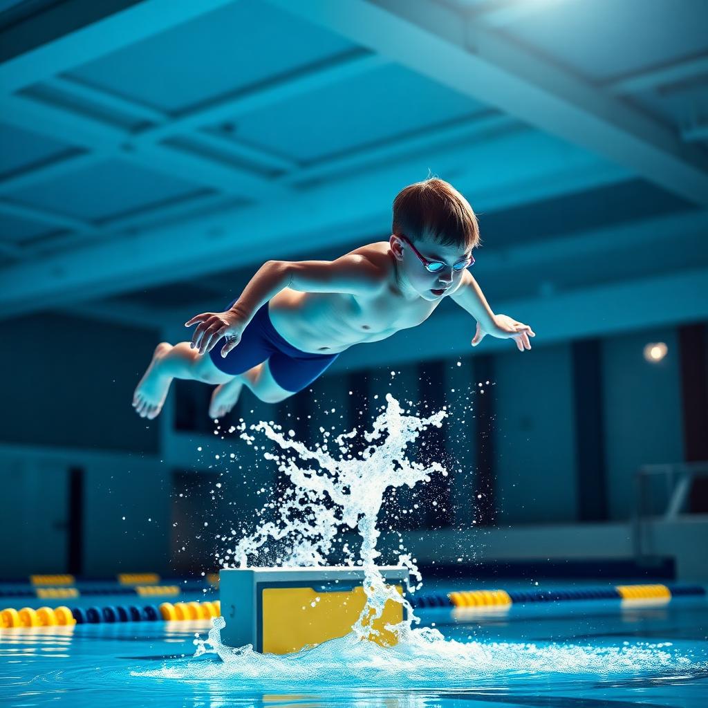 Young swimmer mid-dive off starting block